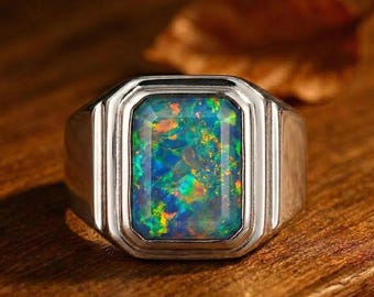 Opaalring heren 925 sterlingzilver, vuuropaal statement sieraden Cadeau voor hem