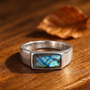 Blue Labradorite Signet Ring For Men 925 Sterling Silver Handmade Statement Jewelry