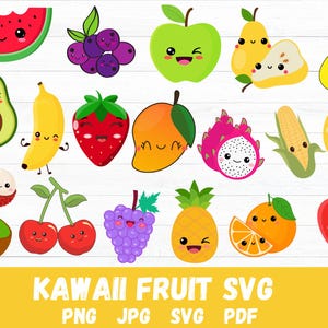 Kawaii Fruit Svg, Kawaii Fruit clipart, Tropical Fruit svg, happy fruit svg, fruit svg, fruits cliparts, fruits silhouette, fruit png