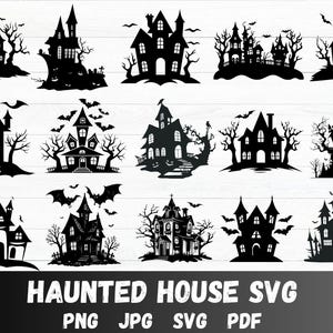Haunted House SVG Bundle, Spooky Halloween Designs, Digital Cut Files for Cricut, Silhouette, Clipart PNG, Haunted Mansion Clip Art