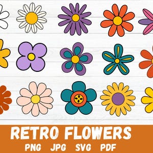 Retro Flowers Svg, Flower Clipart, Daisy Flower Cut File,Boho Flower Svg,Flower Svg Bundle,Floral Png, Svg Files For Cricut,Instant Download