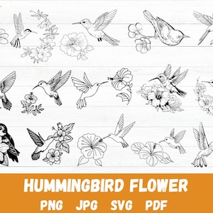 Hummingbird Flower SVG Bundle, Bird Clipart Image, Animal Flying Silhouette, Printable Art Vector, Instant Digital Download, Cricut for Svg