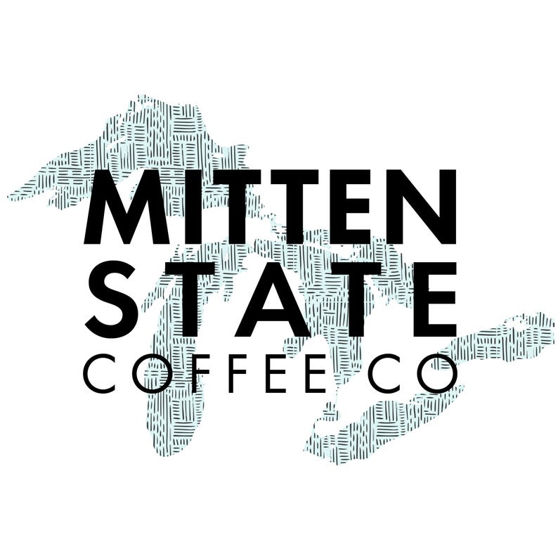 May include: A logo for Mitten State Coffee Co. features the text "MITTEN STATE COFFEE CO" in a bold, black font. The text is set against a white background, with a teal-colored outline of the state of Michigan.
