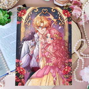 May include: A print featuring a romantic anime-style illustration of a couple. The man has blond hair and holds a dark apple. The woman has long pink hair and wears a pink and yellow dress. The background has a starry sky and floral accents.