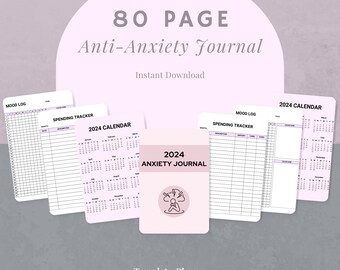 May include: A collection of printable anti-anxiety journal pages. The pages include a mood log, spending tracker, and 2024 calendar. The cover of the journal is light pink with the text "2024 Anxiety Journal". The background is a soft purple.