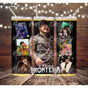 May include: A set of three stainless steel tumblers with a black background and gold accents. Each tumbler features images of a musical artist and the words "GRUPO FRONTERA". The tumblers have a straw.