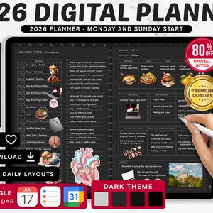 Puede incluir: Un planificador digital para 2026 con un tema oscuro, que presenta diseños semanales y diarios. Compatible con Google y Apple, incluye más de 100 plantillas, más de 32.000 pegatinas y más de 200 portadas. La imagen también muestra una oferta especial.