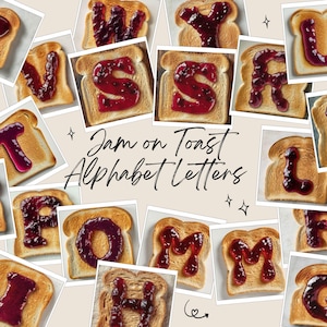 Lettres de l'alphabet « Confiture sur toast » au format PNG, lettres photoréalistes de A à Z, clipart de petit-déjeuner original, cuisine amusante à imprimer, lettres de l'alphabet amusantes