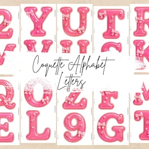 Puede incluir: Colección de letras del alfabeto rosas, estilo burbuja, con lazos. Las letras están dispuestas sobre un fondo blanco con un borde de tira de película. El texto "Coquette Alphabet Letters" está escrito en cursiva.