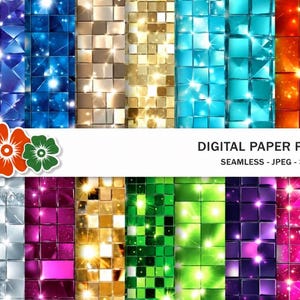 Puede incluir: Una colección de patrones de papel digital con azulejos cuadrados en varios colores, incluyendo verde, azul, oro, naranja, rosa, plata y morado. Los azulejos tienen un acabado reflectante y brillante con destellos de luz. El texto dice: DIGITAL PAPER PATTERNS SEAMLESS - JPEG - 300 DPI.