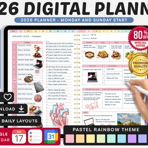 Puede incluir: Planificador digital 2026 con tema de arcoíris pastel. Incluye más de 100 plantillas, 32.000+ pegatinas, 200+ cubiertas y 30.000+ hipervínculos. Compatible con Google y Apple, ofrece diseños semanales y diarios.