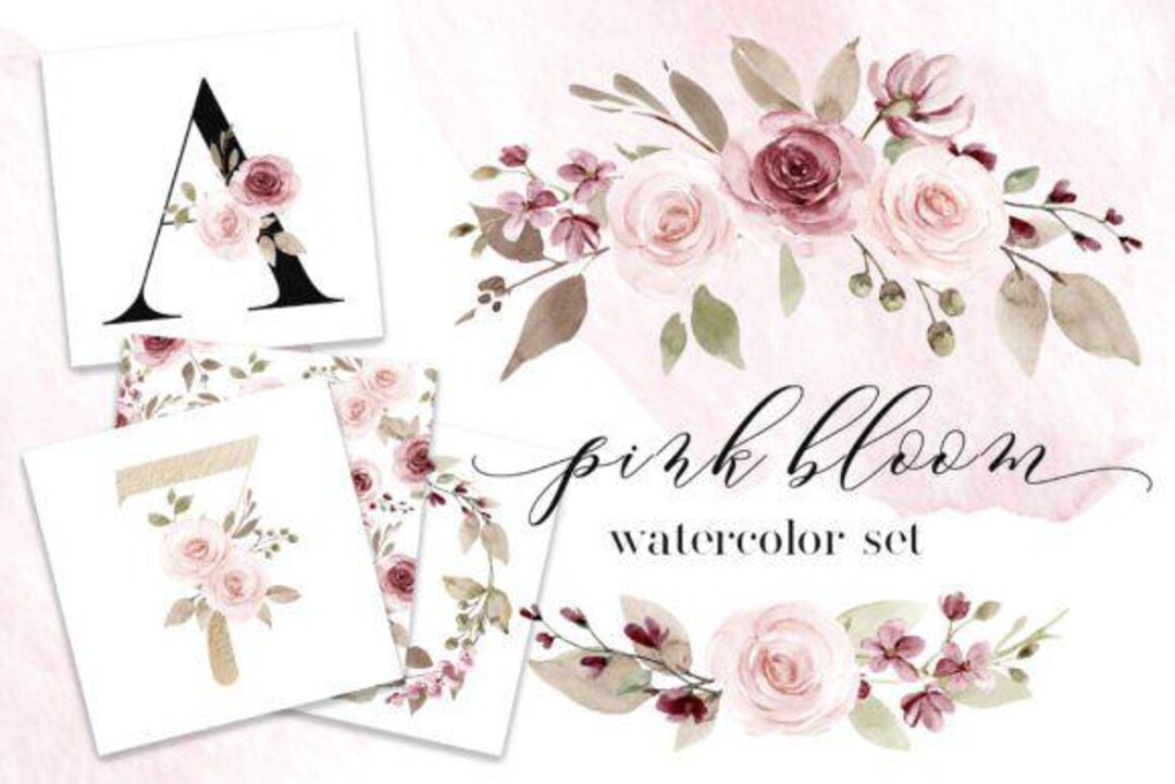 Lettering Alphabet -pink Blooms Watercolor Alphabet Bundle | Floral ...