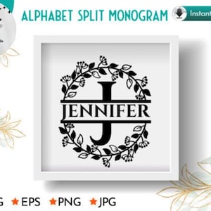 Monogram Letter Flora Split Alphabet A-Z, Floral Wedding Font, Elegant Personalize Clipart, DIY Craft Name Initial