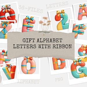Puede incluir: Un collage de letras del alfabeto, cada una diseñada como un regalo envuelto con cintas y lazos coloridos. Las letras son de varios colores, incluyendo rojo, rosa, azul y amarillo. El texto "GIFT ALPHABET LETTERS WITH RIBBON" se muestra en un papel rasgado.