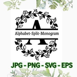 Monogramletter Flora Split Alfabet A-Z, Bloemenbruiloftslettertype, Elegante Personaliseer Clipart, DIY Ambachtelijke Naam Initiaal