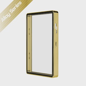 May include: A gold-colored rectangular case with a black border and a clear center. The case has a button and a small opening on the side. The text "Alloy Series" is in the upper left corner.