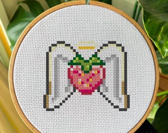 Strawberry with Wings Cross Stitch PDF Pattern | Cute, Fruit, Cottagecore Design