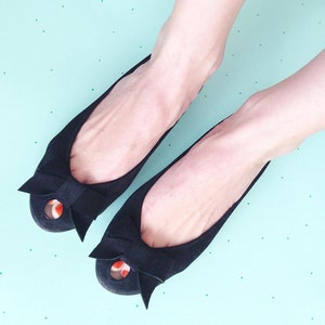 Black Ballet Flats Shoes in Soft Italian Leather, Peep Toe Shoes with Bow, elehandmade