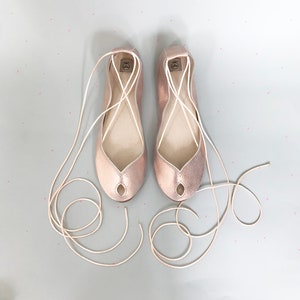 Peep Toe Round Ballerinas in Rose Gold Italian Leather, Bridal Flat Shoes, Elehandmade Shoes