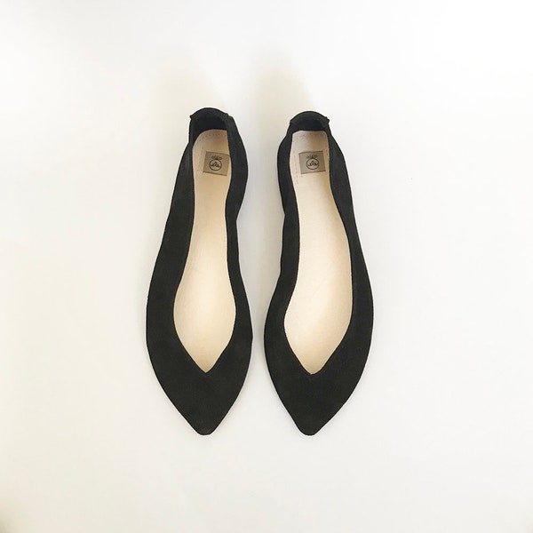 Ballet Flats Shoes In Black Italian Leather, Pointy Shoes, Elehandmade