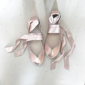 Rose Gold Leather Wedding Flats Shoes With Satin Ankle Ribbons, Brautschuhe, Elehandmade Shoes