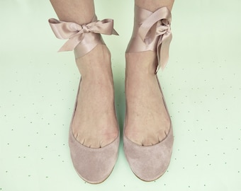 Bridal Ballerina Style Shoes in Old Rose Leather with Satin Ribbons, Elehandmade