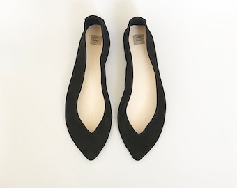 Ballet Flats Shoes In Black Italian Leather, Pointy Shoes, Elehandmade