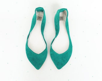 Chaussures ballerines en cuir souple italien vert émeraude, chaussures confortables à talons bas, elehandmade