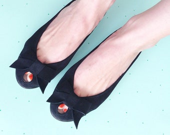 Black Ballet Flats Shoes in Soft Italian Leather, Peep Toe Shoes with Bow, elehandmade