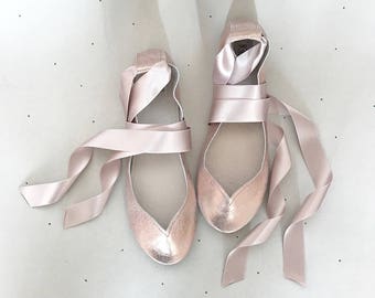 Rose Gold Leather Wedding Flats Shoes With Satin Ankle Ribbons, Brautschuhe, Elehandmade Shoes