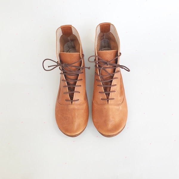 Bottines pour femmes en cuir souple italien Tan, bottines à lacets, chaussures Elehandmade