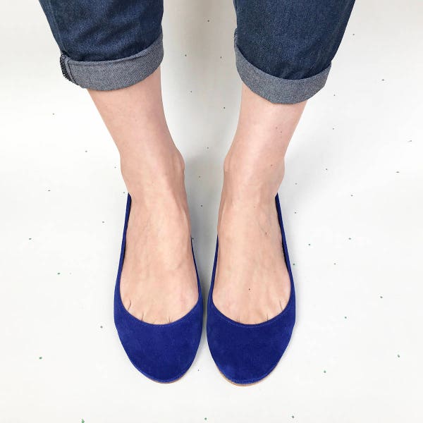 Blue Ballet Flats Shoes in Italian Leather, Elehandmade