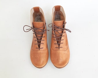 Women Ankle Boots in Tan Italian Soft Leather, Lace up Booties, Elehandmade Shoes