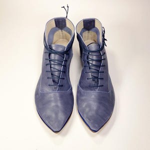 Womens Lace Up Ankle Boots in Black Italian Leather, Handmade Low Heel and Pointed Toe Booties, Elehandmade Shoes