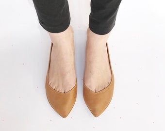 Pointed Toe Ballet Flats in Tan Soft Italian Leather, Low Heel Comfortable Flats, Elehandmade Shoes