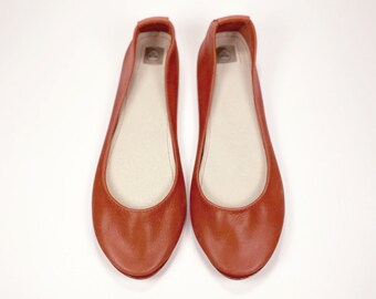 Handmade Ballet Flat Shoes in Red Italian Soft Leather, Elehandmade Ballerina Shoes