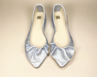 Wedding Flats For Bride with Ruffles in Metallic Light Blue Italian Leather, Brautschuhe, Elehandmade Shoes