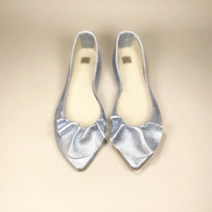 Wedding Flats Shoes For Bride with Ruffles in Metallic Light Blue Italian Leather, Brautschuhe, Elehandmade Pumps Low Heel