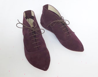 Womens Oxblood Leather Lace Up Ankle Boots | Comfortable Stylish Pointy Low Heel Boots | Elehandmade Shoes