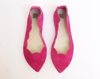 Pointed Toe Scalloped Ballet Flats Shoes in Magenta Soft Italian Suede | Wedding Flats for Bride  | Elehandmade Shoes