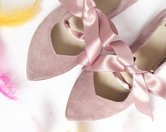 Pointed Toe Mary Jane Ballet Flats in Blush Italian Leather with Satin Ribbon | Bridal Shoes | Elehandmade Shoes