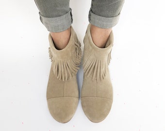 Fringed Ankle Boots, Sand Italian Soft Suede Leather Boots, Elehandmade Shoes