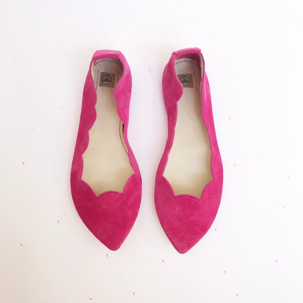 Pointed Toe Scalloped Ballet Flats Shoes in Magenta Soft Italian Suede | Wedding Flats for Bride  | Elehandmade Shoes