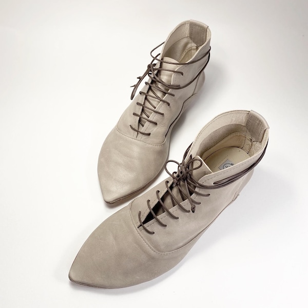 Womens Lace Up Ankle Boots in Light Taupe Italian Leather, Handmade Low Heel and Pointed Toe Booties, Elehandmade Shoes