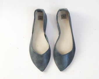 Blue Wedding Pointed Flats for Bride, Low Heel Elegant Shoes, Elehandmade