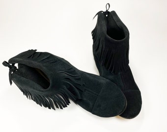 Fringed Ankle Boots, Black Italian Soft Suede Leather Boots, Elehandmade Shoes