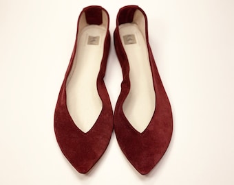 Ballet Flats Shoes In Pompeian Red Italian Leather, Pointy Shoes, Elehandmade