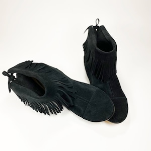 Bottines à franges en cuir suédé italien noir, bottines faites main