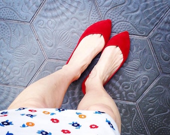 Pointy Toe Flats Shoes in Soft Red Italian Leather, Elehandmade Shoes