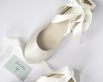 Wedding Shoes For Bride in White Gold Ivory Italian Leather, Ballet Flats with Ribbons, Elehandmade Shoes